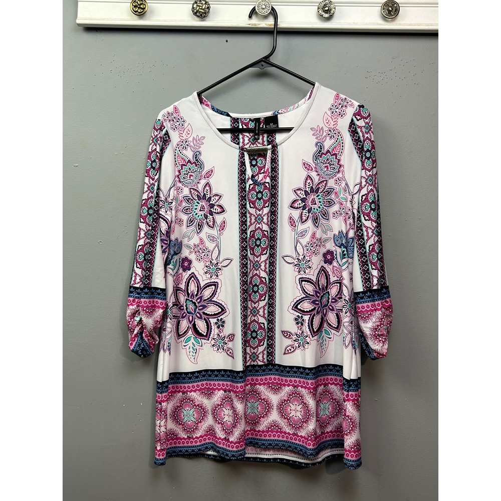 New Directions Womens Paisley Floral Tunic Top Pink Teal Silver Bar Size M